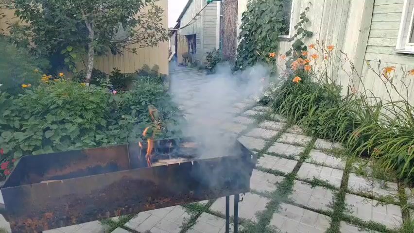 The video shows a grill with flames and smoke rising from it. The grill is in a backyard setting with a paved walkway and greenery. A wooden fence is visible in the background.