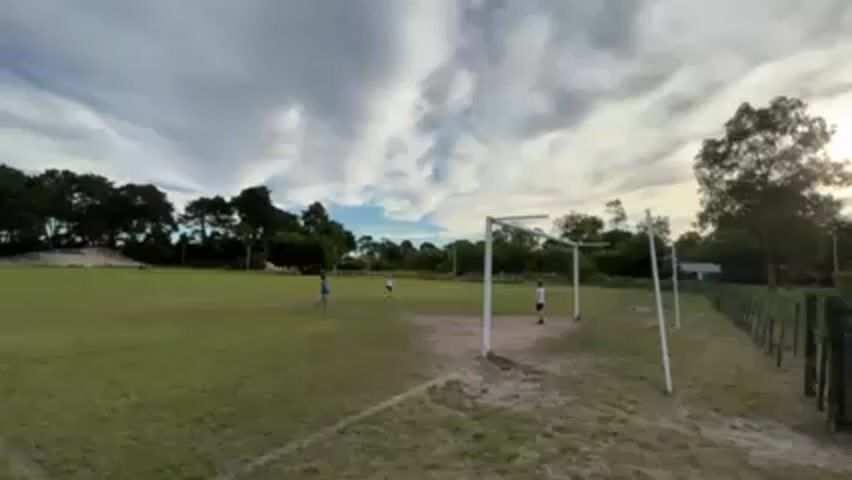 The video shows three children playing soccer on a green field on a cloudy day. Two of the children are closer to the goal. There are trees and a fence surrounding the field.