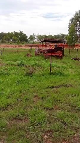 The video shows an outdoor scene featuring an unkempt grassy field under an overcast sky. The camera pans from right to left, revealing various elements. Initially, a rusty red tractor with a partially obscured canopy is visible on the right, surrounded by tall green grass and a few metal fence posts. As the camera pans left, it reveals more of the overgrown field, along with a small, unfinished-looking concrete block structure on the left side of the frame. In the mid-ground distance, a distinctive white building with a pyramidal roof can be seen, partially visible through the sparse trees. Further in the background, other distant structures and power lines are discernible. The video concludes with a view of the concrete block structure and the expansive grassy area. No people or animals are present.