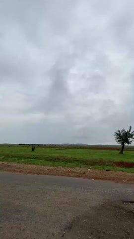 The video captures a wide shot of a rural landscape under a cloudy sky. A weathered asphalt road with a pothole in the foreground runs along the edge of a green field. In the distance, a group of animals, possibly cattle or sheep, are grazing. The horizon is slightly elevated, with a hint of hills visible under the overcast sky. There is minimal activity in the scene.