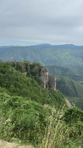 This media file is a vertical video shot from a high vantage point overlooking a lush, green mountainous landscape. The foreground is filled with dense vegetation, including bushes and tall grasses with feathery seed heads, suggesting a natural, possibly wild, setting. The middle ground features a steep, tree-covered slope dotted with rocky outcrops and sheer cliff faces. In the distance, a series of rolling mountains recede into the hazy horizon, their peaks softened by the atmospheric conditions. The sky is overcast with soft, diffused light, indicating it is likely daytime, perhaps late morning or afternoon, with cloudy or misty weather. There are no visible people or man-made objects in the immediate frame, emphasizing the natural beauty of the scene. The overall impression is one of vastness and rugged natural scenery, evoking a sense of peacefulness and awe. The location is identified as Kućišta, Montenegro, which aligns with the mountainous terrain and abundant greenery characteristic of the region.