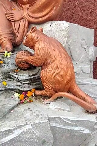 A statue of Ganesha is shown. Ganesha is depicted as a seated figure with an elephant head, wearing traditional Indian clothing and jewelry. To the left of Ganesha, another seated statue is partially visible. In front of Ganesha, a statue of a rat is shown in a kneeling position, holding a round object with its paws. Both statues are made of a material that appears to be bronze or a similar metallic substance, with a copper-like sheen. The statues are placed on a rocky, gray base, decorated with scattered orange, yellow, and pink flowers, suggesting a religious or devotional setting. The background is a reddish-brown textured surface, possibly a wall or rock formation. The lighting suggests it is daytime, with natural light illuminating the scene. The camera angle is low, focusing on the lower half of the statues.