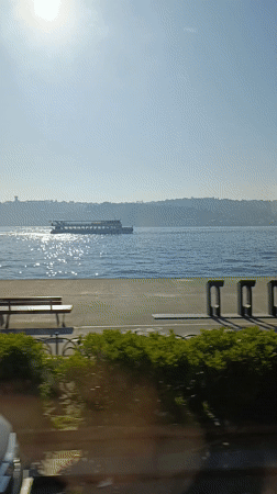 Ferry crosses sunny Bosphorus Strait near Sarıyer, Istanbul