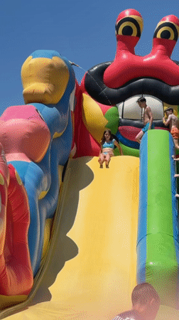 Families enjoy inflatable water park on Montenegro beach
