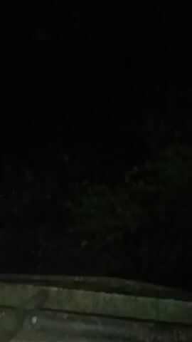 The video displays a dark and blurry scene, primarily dominated by black and dark green hues, suggesting it was filmed at night. A light-colored, elongated object, possibly a railing or part of a vehicle's structure, is visible across the bottom portion of the frame. The camera is in motion, panning across the dimly lit environment, which appears to be outdoors. At the very beginning, a brief glimpse of what might be a hand or arm can be seen at the bottom left. The overall visibility is very low due to the darkness, making it difficult to identify specific subjects or activities beyond the general sense of movement through a dark landscape. No discernible text is visible.