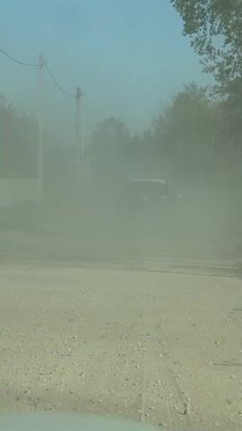 A vehicle is driving away down a dirt road, kicking up a large cloud of dust. The road is flanked by trees and utility poles. The sky is blue.
