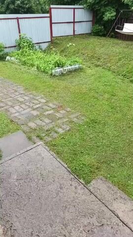 The video shows a backyard with a paved walkway, a lawn, and a fence. There is a garden bed with white decorative fencing, a swing set, and a house in the background. A child's scooter is visible on the steps leading down from a porch. The weather appears to be overcast.