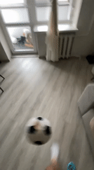 Baby and adult pass a toy soccer ball on a home floor