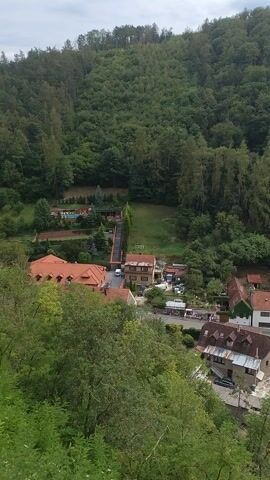 This media file is an aerial view of a village nestled beside a dense, green forest, with a hazy sky overhead. The village features a cluster of houses with terracotta tiled roofs, some with white or light-colored walls. A road winds through the village, with a few cars visible. The forest, a dominant feature, covers the hillside and stretches into the distance, appearing lush and verdant.

The scene suggests a peaceful, rural setting. The time of day appears to be daytime, likely late morning or afternoon, given the lighting. The weather is overcast or hazy, as indicated by the diffused light and cloudy sky. There are no people clearly visible in the frame, and the focus is on the landscape and the village architecture. The overall impression is one of a tranquil, picturesque village integrated with its natural surroundings. The location is identified as Karlštejn, Czechia. There is no visible text within the media file.