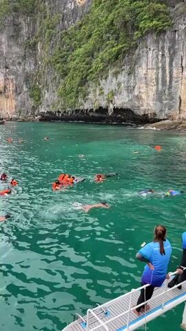 A group of people are snorkeling in clear, turquoise water near a rocky, tree-covered cliff face. Several individuals are wearing orange life vests and snorkeling masks. One person is swimming with a snorkel and mask, their body fully submerged. Another person is paddling in a clear-bottomed kayak. The water is calm and reflects the surrounding environment. The scene appears to be a popular tourist destination.