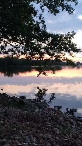 A peaceful lake scene at sunset. The sky is filled with soft, pastel clouds in shades of pink, orange, and blue. The sun's reflection shimmers on the calm water, creating a mirror image of the sky. Silhouetted trees frame the left side of the shot, their branches reaching out over the water. The shoreline is rocky and covered in gravel. The overall atmosphere is serene and tranquil.