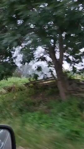 The video shows a view from a moving vehicle, likely a car, looking out the passenger side window. The scene is a rural landscape with green vegetation and trees. The sky is overcast with clouds. The camera is shaking, indicating movement. The time stamp on the video progresses from 00:00 to 00:05.
