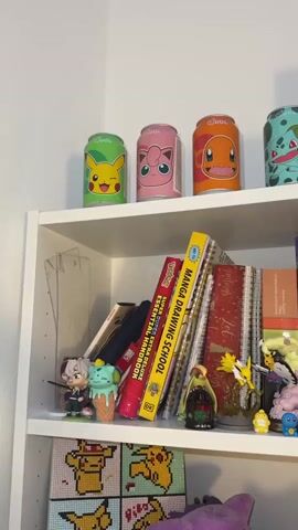 The camera pans across a tall white bookshelf with six shelves filled with a variety of items.  The top shelf has four decorative drink cans featuring Pokemon characters. The next shelf down has books, figurines, and a puzzle. Shelves three and four feature a mix of books, figurines, and artwork. The two bottom shelves are primarily filled with Pokemon plush toys and a few other stuffed animals.  The bookshelf appears to be in a home setting.