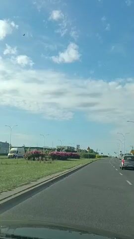 The video shows a forward-facing view from inside a vehicle, likely a car, driving on a paved road. The road is a multi-lane highway with clear lane markings. On the left side of the road, there is a green median with manicured bushes, some of which are flowering pink. Streetlights are visible along the median. In the distance, there are buildings, and some signs, including a yellow triangular sign with a pedestrian symbol. A grey car is visible in the right lane, ahead and slightly to the right of the viewpoint. The sky is blue with scattered white clouds. The time stamp indicates the video begins at 00:00 and ends at 00:04. The lighting suggests it is daytime.