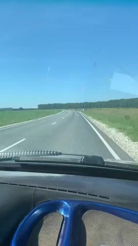 The video shows a view from inside a car driving on a paved road. The road is empty and appears to be a highway with two lanes in each direction separated by a white line. The car is moving forward at a steady pace. The scenery on either side of the road consists of green fields and a line of trees in the distance under a clear blue sky. The dashboard of the car is visible in the foreground, with a blue steering wheel accessory. The overall impression is that of a journey on a sunny day through a rural landscape.