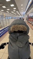 Stroller pushed through Moscow shopping mall corridor