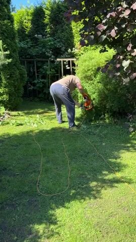 A person is trimming a bush in a sunny, green backyard. The person is wearing a tan shirt and dark pants. They are using an orange and black hedge trimmer. There is a long orange extension cord on the grass. Tall green trees and shrubs are in the background.