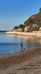 Person walks with small dog on sunny Dénia beach