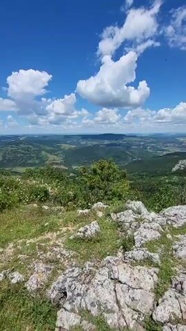 This video is a panning shot from a rocky, elevated viewpoint looking out over a vast, rolling landscape. The foreground is dominated by large, pale gray rocks interspersed with patches of green grass and small white wildflowers. The mid-ground features dense, green foliage, appearing to be trees and shrubs, covering the hills that recede into the distance. Beyond this, the landscape continues with more rolling hills and valleys, also covered in green vegetation, with some areas showing signs of cultivation or open fields. The far distance is hazy, suggesting a great expanse. The sky above is a vibrant blue, populated by numerous fluffy white cumulus clouds. The overall impression is a scenic, natural environment on a clear day.