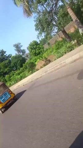 The video shows a yellow auto rickshaw with a blue plastic crate in the back driving on a paved road. Green trees and foliage line the side of the road. A motorcycle with two people on it, one wearing a white garment and a head covering, overtakes the auto rickshaw. The sky is clear and blue. The camera is positioned at an angle, possibly from a moving vehicle.