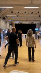 Middle-aged couples enjoy line dancing in Uppsala hall