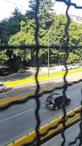 The view, from behind a dark metal mesh fence, is of a multi-lane divided roadway with yellow barriers on either side of it. A trolley bus and several cars are traveling on the roadway. Beyond the roadway, there are trees and buildings. The sky is blue.