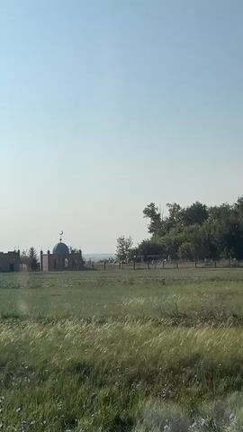 A wide shot captures a natural landscape under a bright, clear blue sky. In the middle ground, a small, brownish-red brick building with a blue dome and a crescent moon symbol stands amongst a cluster of trees. To the left of this building, another smaller structure of similar brick construction is visible. The foreground is dominated by a field of tall, green grass that sways gently. The overall impression is one of a rural or historical site in an open, undeveloped area.
