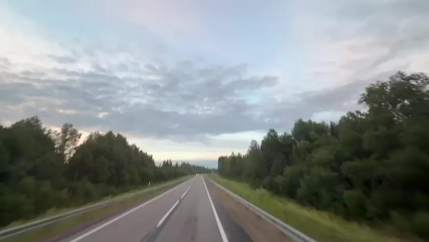A first-person perspective video shows a highway with dense green trees on both sides. The sky above is filled with gray and white clouds, suggesting either early morning or late evening. The road has clear lane markings and guardrails along the sides. A truck is visible in the distance, driving in the opposite direction. The overall environment is rural and natural.