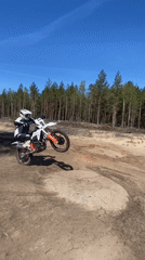 Dirt bike rider performs maneuvers on wooded track in Belarus