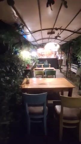 This media file shows an outdoor seating area at night, likely a restaurant or cafe, in Sinemorets, Bulgaria. Several wooden tables are set with chairs of various colors, including light blue and yellow. The seating area is covered by a canvas awning, and lush green foliage surrounds the space, creating a natural and somewhat enclosed atmosphere. Soft lighting illuminates the tables and a counter area visible in the background, suggesting a cozy and inviting ambiance. There are no people visible in the frame, but the setup implies a place where customers would dine or relax. The time of day is clearly night, evidenced by the darkness and artificial lighting. There is no visible text in the media file.