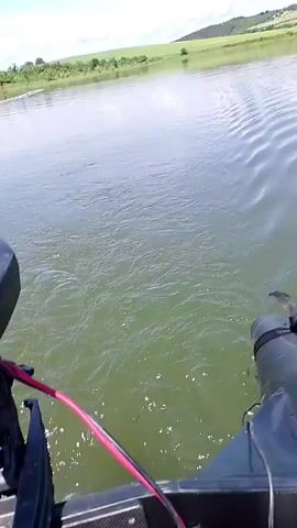 The video captures a serene day on a body of water near Lovets, Bulgaria.

The first shot is from the bow of a dark blue/black inflatable boat, looking out over the calm, greenish-blue water. Small ripples are visible on the surface. In the distance, a green, hilly shoreline is visible under a bright blue sky dotted with scattered white clouds.

The second shot provides a wider view of the lake, showcasing its remarkably still surface, which perfectly reflects the clear blue sky, white clouds, and a distant village or settlement along the shoreline.

The third shot briefly shows the water next to the boat, revealing its darker green hue up close.

The final shot is a close-up of a black Garmin fish finder device inside the boat. The screen displays various readings: a depth of "2.0m", water temperature of "23.5°C", voltage readings of "2.8V" and "12.2V", and the time "12:21:32". The lower part of the screen shows a sonar display with a dark blue background and a green representation of the lakebed. The device is surrounded by tangled wires and appears to be in use on a bright, sunny day, with reflections visible on its screen.