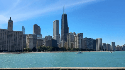 Chicago skyline and turquoise lakefront on a clear summer day