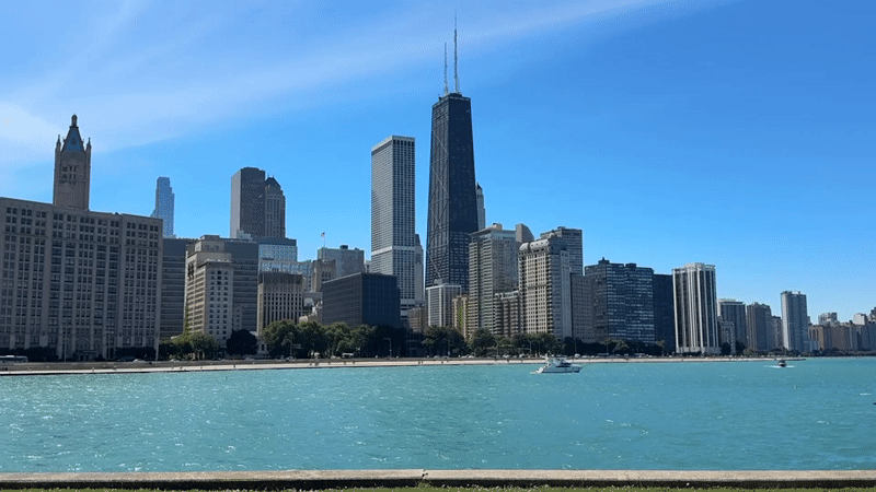 Chicago skyline and bright turquoise lakefront on a sunny afternoon