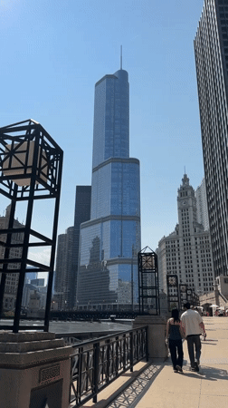 Chicago Riverwalk and Michigan Avenue on a sunny summer evening