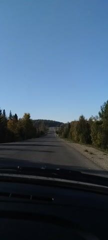 The video shows a view from inside a vehicle driving on a paved road. The sky is clear and blue, suggesting a sunny day. Trees with autumnal foliage line the sides of the road, indicating the season. The road appears to be relatively straight and in good condition, with some shadows cast on its surface from the trees. The perspective suggests the video is recorded from the windshield or dashboard area of the vehicle. No people are visible in the video. The vehicle is moving forward, as indicated by the changing scenery and the sense of motion.