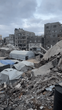 Widespread destruction documented in Gaza with tents among rubble
