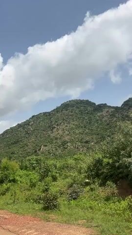 The video shows a view of a lush green, tree-covered mountain under a blue sky with scattered white clouds. The camera is moving, creating a sense of travel or dynamic observation of the landscape. The foreground consists of dense green vegetation and a dirt path. The mountain itself is steep and covered with various shades of green foliage, with some rocky outcrops visible. The sky transitions from a bright blue in the upper portion of the frame to a lighter blue closer to the mountain range. The clouds are large and puffy, adding depth to the sky. The overall impression is of a natural, scenic environment, likely a rural or mountainous region.