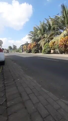 A bright sunny day with a blue sky and scattered white clouds. The scene is a paved road with a brick sidewalk on the left side. To the right of the road is lush green vegetation, including palm trees and bushes with colorful red and orange leaves. A white car is parked on the left side of the road. A yellow truck drives down the road from the distance towards the camera and passes it. The truck is partially loaded. The video is recorded from a stationary position on the sidewalk.