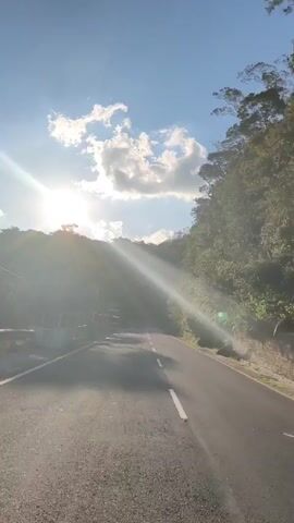 A paved road winds through a lush, forested area under a bright blue sky with scattered clouds. The sun is setting, casting long, dramatic rays of light across the road and through the trees, creating a lens flare effect. The left side of the road features some structures, possibly rest stops or shelters, with benches and a trash can visible. The right side of the road is bordered by dense greenery and trees that climb a hillside. The road appears to be mostly empty, with only a faint indication of traffic. The overall impression is one of a serene and scenic drive through nature, bathed in the warm glow of the setting sun.