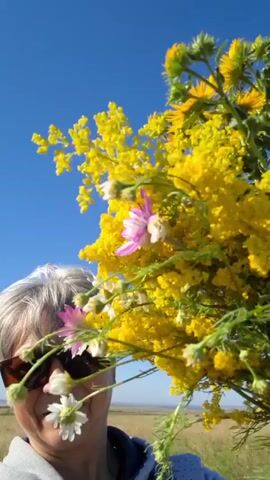 A woman with gray hair and sunglasses is holding a bouquet of yellow and pink flowers. The bouquet is in the foreground, obscuring part of her face. She is smiling and looking at the camera. The background is a clear blue sky and a field of dry grass. The sun is shining brightly.