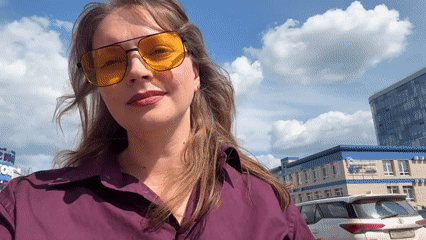 Studio mirror selfie session in Izhevsk, purple shirt outfit
