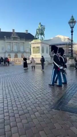 The video shows a group of formally dressed guards marching in step across a cobbled square. The guards, numbering around five, are wearing black fur hats, blue and white uniforms, and carrying rifles with bayonets. They move in unison, their steps synchronized.  Behind them, people are casually walking and standing around, some observing the guards. In the background, there is a statue of a person on horseback, a building with scaffolding, and a domed structure. The sky is clear and blue, suggesting it is daytime.