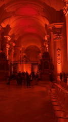 Bellelay Abbey transformed by dramatic red and orange lighting event