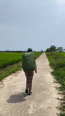 A person is walking away from the camera on a long, narrow concrete path. The person is wearing patterned leggings, a dark shirt, and a dark hat, and they have a large green backpack. The path is flanked on either side by green fields and vegetation. On the right side of the path, there are several small trees. The sky is light blue and mostly clear.