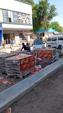 The video shows a construction site in front of a building that says "BRAY RESIDENCE" in large letters. Stacks of orange-wrapped pavers are visible, along with loose pavers scattered around. Two workers are sitting near the stacks of pavers. In the background, another worker is standing near a small trailer and an excavator. Several vehicles are parked nearby including a small silver car and a white van. A black dog walks across the scene. The sky is blue and there are some trees visible.