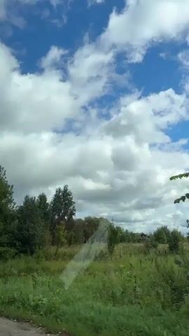 The video shows a view from a car on a sunny day with a blue sky and white clouds. Trees and green vegetation line the side of the road. A round red and white sign with two cars crossed out is visible on a pole. The camera appears to be looking out of the front windshield, and there is a slight reflection or smear on the glass.