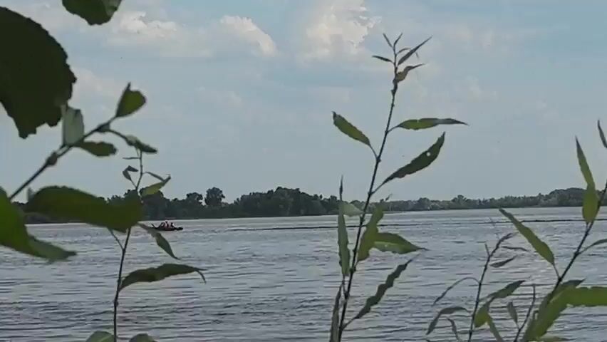 The video shows a wide shot of a body of water, likely a river or lake, on a cloudy day. In the foreground, out-of-focus green leaves and branches are visible, obscuring a portion of the scene. In the middle ground, the water's surface is rippled. In the distance, across the water, is a tree line with a few buildings peeking through. On the water, a small boat with several people is visible moving from left to right. The sky is partly cloudy with white clouds against a pale blue sky.