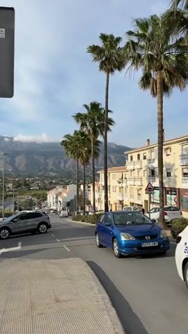 The scene shows a sunny day on a street in a mountainous area. A row of tall palm trees lines the street, beside several buildings.  Traffic is seen moving on the street, including a gray SUV turning into an intersection, and a blue Honda driving up the street. In the background, mountains can be seen in the distance, partially obscured by clouds.