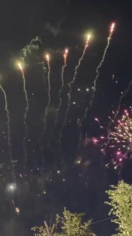 This is a vertical video of fireworks in the night sky. The video begins with a few fireworks launching upwards, leaving trails of smoke against the dark sky. Then, the fireworks begin to explode, creating bursts of red and yellow light. Some of the explosions are blurry, while others are more in focus. In the lower part of the video, the tops of trees are visible against the night sky. The video ends with a final burst of fireworks.
