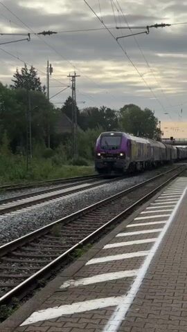 A train moves on tracks. The train has a purple locomotive and many grey freight cars. The locomotive is decorated with graffiti. The freight cars also have graffiti. The train is moving past a platform. The platform is made of red bricks and has white lines painted on it. There are trees and utility poles in the background. The sky is cloudy.
